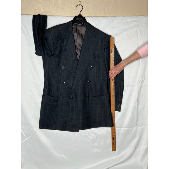 Zegna mens size 42 blazer gray windowpane wool double breasted no vent formal - Picture 5 of 10